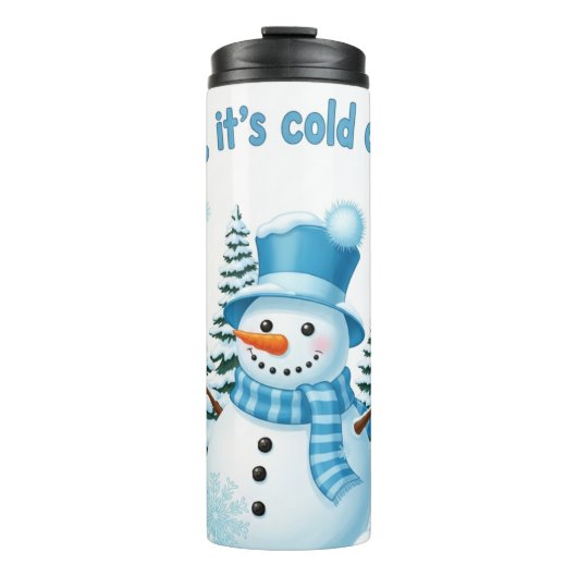 Fröhlicher Winter-Schneemann mit Kiefern Thermosbecher (Vorderseite)
