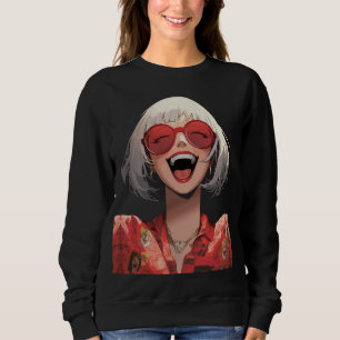 Fröhliches Anime-Mädchen: Graue Haare, rote Brille Sweatshirt