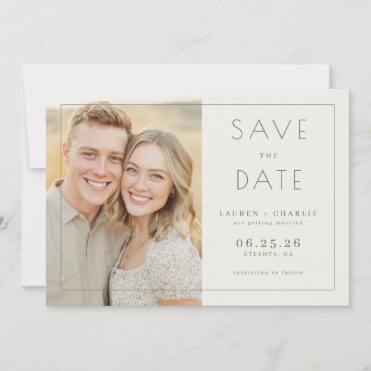 Fröhliches Beige Minimalistisches Foto Save The Date (Vorderseite)