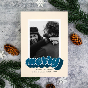 Fröhliches blaues Retro-Script Weihnachtsfoto Feiertagskarte