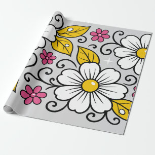 Fröhliches Blumenmuster mit kräftigen Umrandungen Geschenkpapier