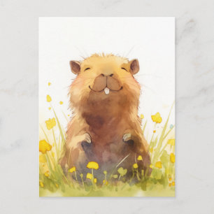 Fröhliches Capybara auf einer gelben Wiesenblumenw Postkarte