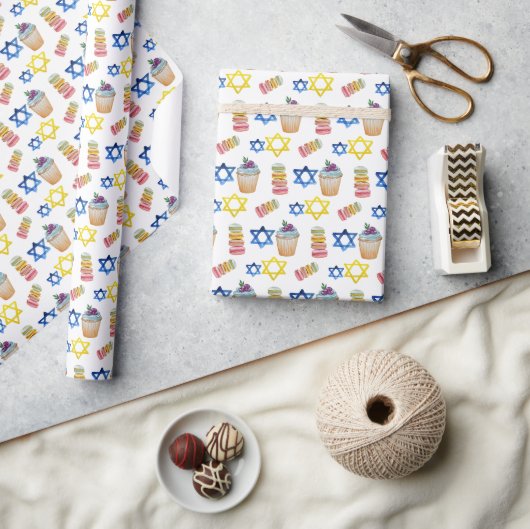 Fröhliches Chanukka-Wasserfarbmuster Geschenkpapier (Kunsthandwerk)
