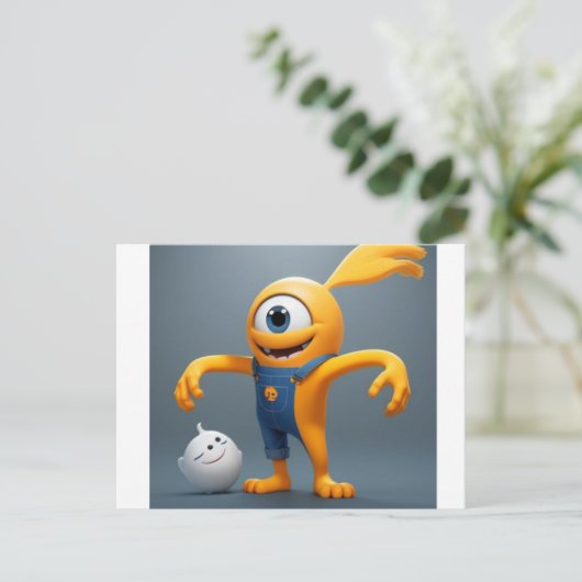 „Fröhliches Einaugenmonster mit Geisterfreund“ Postkarte (Stehend Vorderseite)