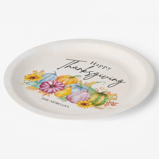 Fröhliches Erntedankfest Wasserfarbener Herbstpump Pappteller (Schrägansicht)