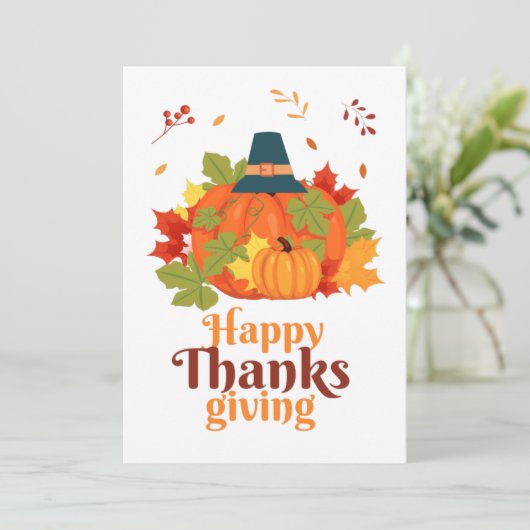 Fröhliches Erntedankpumpkin mit Hats und Blätter Einladung (Stehend Vorderseite)