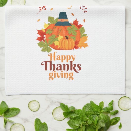 Fröhliches Erntedankpumpkin mit Hats und Blätter Geschirrtuch (Gefaltet)