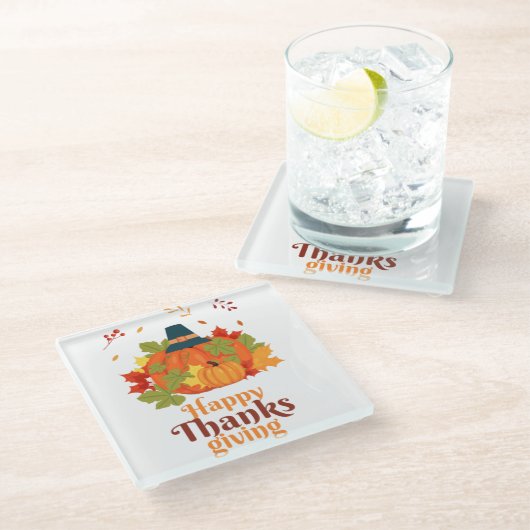 Fröhliches Erntedankpumpkin mit Hats und Blätter Glasuntersetzer (Schrägansicht)