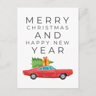 FROHLICHES FEST Weihnachtsrotes Oldtimer-Auto Postkarte