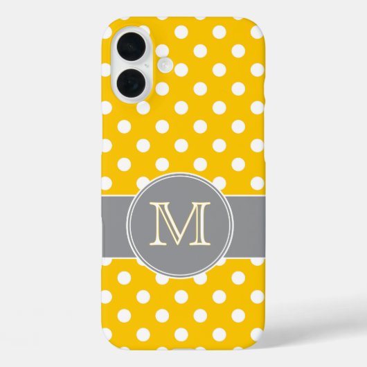 Fröhliches Gelb- und Graupolka-Dot-Monogramm Case-Mate iPhone Hülle (Rückseite)