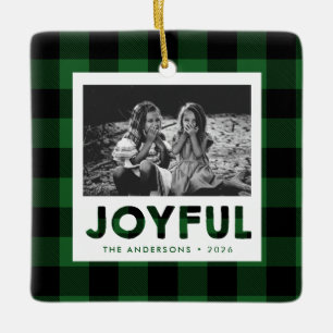 Fröhliches grünes Buffalo-Karo-Plaid-Foto-Weihnach Keramikornament