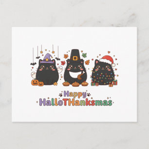 Fröhliches HalloThanksmas Kawaii Schwarze Katze Dr Feiertagspostkarte