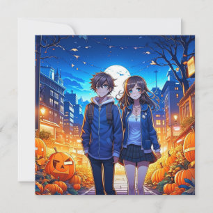 Fröhliches Halloween Anime-Paar Händchen haltend Karte