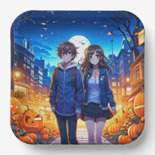 Fröhliches Halloween Anime-Paar Händchen haltend Pappteller