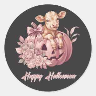 Fröhliches Halloween Babykalb in Kürbisrosa Runder Aufkleber