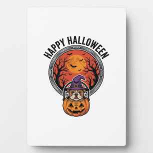 Fröhliches Halloween Bulldogge Hexe Kürbis Vintage Fotoplatte