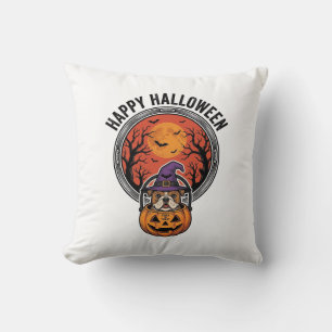 Fröhliches Halloween Bulldogge Hexe Kürbis Vintage Kissen
