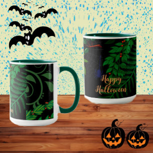 Fröhliches Halloween Dunkles Grün Botanisches Laub Tasse