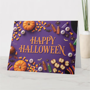 Fröhliches Halloween-Flat-Lay auf Lila  Karte