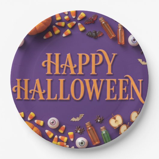 Fröhliches Halloween-Flat-Lay auf Lila Pappteller (Vorderseite)