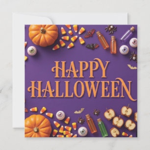 Fröhliches Halloween-Flat-Lay-Gruß auf Lila  Feiertagskarte