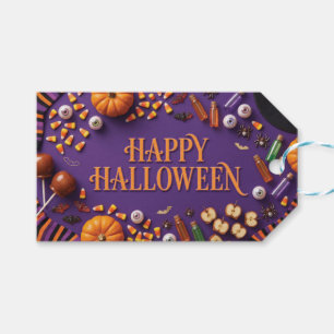 Fröhliches Halloween-Flat-Lay-Gruß auf Lila Geschenkanhänger