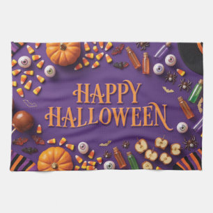 Fröhliches Halloween-Flat-Lay-Gruß auf Lila  Geschirrtuch