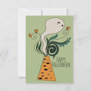 Fröhliches Halloween-Geist-Grünpflanzen-Blumen-Doo Karte