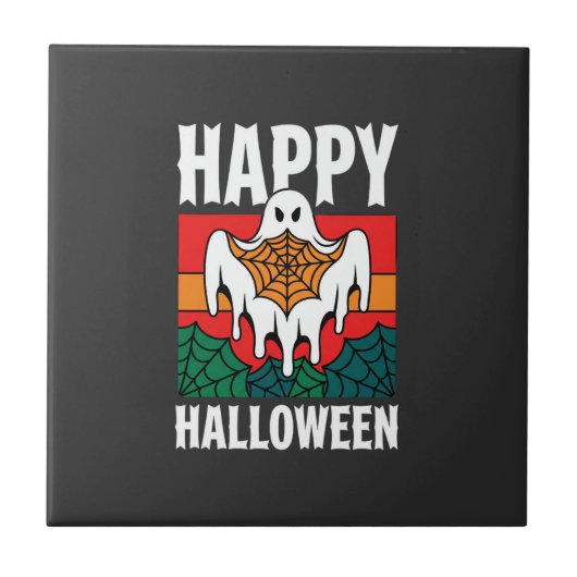 Fröhliches Halloween Gespenst Spinnennetz Retro Fliese (Vorderseite)