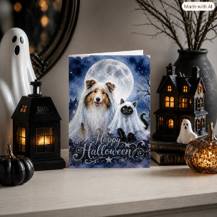 Fröhliches Halloween Gespenster Collie & Katze gef Karte