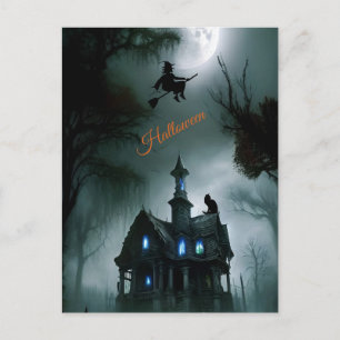 Fröhliches Halloween Gruselhexe Spukhaus Postkarte