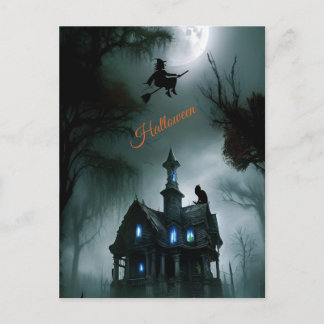 Fröhliches Halloween Gruselhexe Spukhaus Postkarte