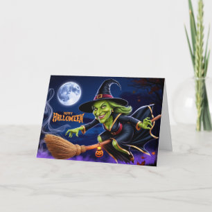Fröhliches Halloween Gruselige Hexe auf Besen  Feiertagskarte