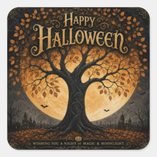 Fröhliches Halloween Gruseliger Baum Vollmond Goth Quadratischer Aufkleber