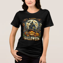 Fröhliches Halloween Gruseliges Spukhaus & Kürbiss Tri-Blend Shirt