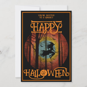 Fröhliches Halloween Hexe auf Besen Kostüm Party Einladung