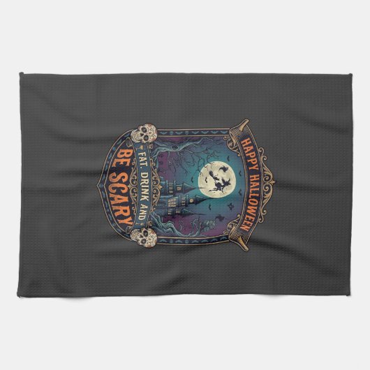 Fröhliches Halloween Hexenschloss Schädel Fett Tri Geschirrtuch (Horizontal)