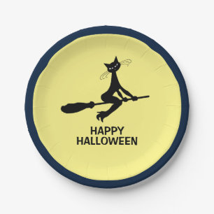Fröhliches Halloween, Katze auf Broomstick Pappteller