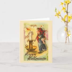Fröhliches Halloween Kerzenständer und Mädchen Vin Karte