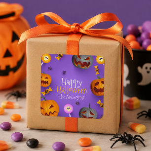 Fröhliches Halloween-Kinder-Geschenk Lila Kürbisse Quadratischer Aufkleber