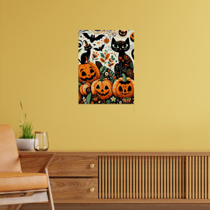 Fröhliches Halloween Kürbisfeld schwarze Katze Poster
