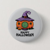 Fröhliches Halloween Kürbishaus & Hexenhut-Dach Button (Vorderseite)