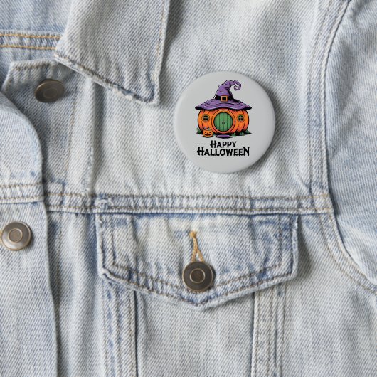 Fröhliches Halloween Kürbishaus & Hexenhut-Dach Button (Beispiel)