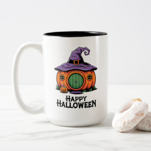 Fröhliches Halloween Kürbisländchen & Hexenhuthaus Zweifarbige Tasse