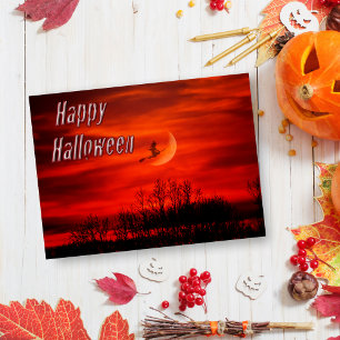Fröhliches Halloween mit Hexe und Mond Postkarte