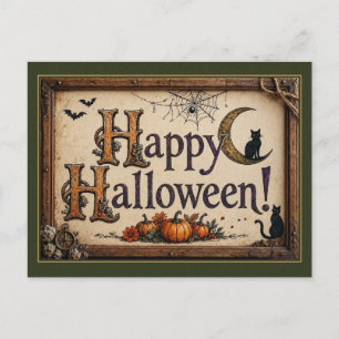 Fröhliches Halloween Mond und schwarzes Katzen-Sch Postkarte