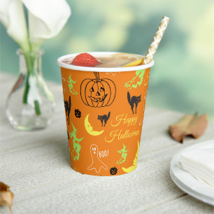 Fröhliches Halloween-Muster Orange Pappbecher