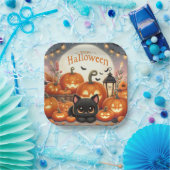 Fröhliches Halloween Niedliche Schwarze Katze, Pum Pappteller (Party)