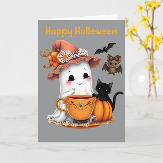 Fröhliches Halloween Niedliches Gespenst, Katze, F Karte (Gelbe Blume)