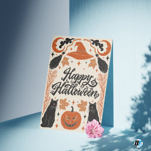 Fröhliches Halloween Orange Schwarzes Retro-Vintag Postkarte